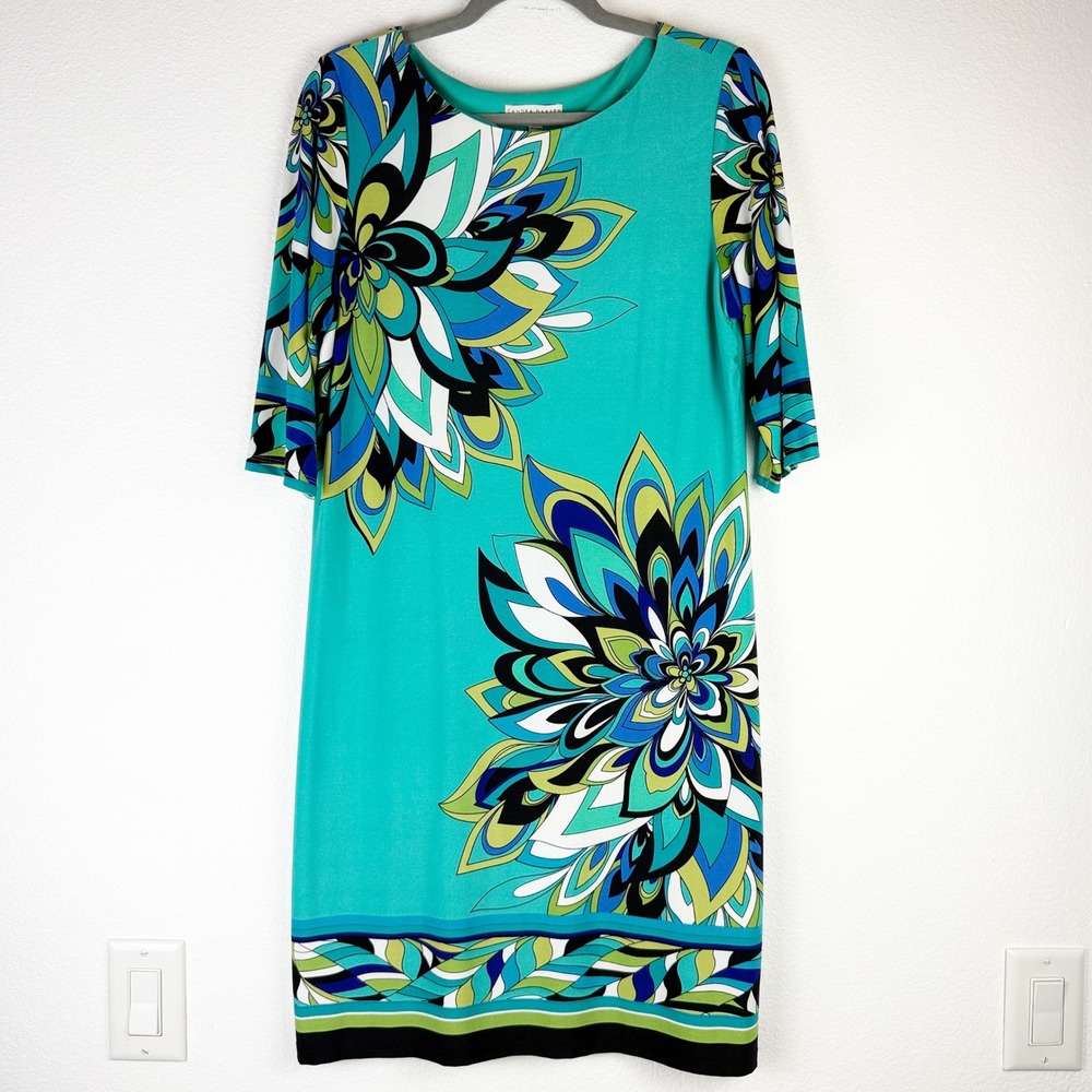 Sandra Darren Teal Blue Floral Print Elbow Sleeve Shift Dress Size 10